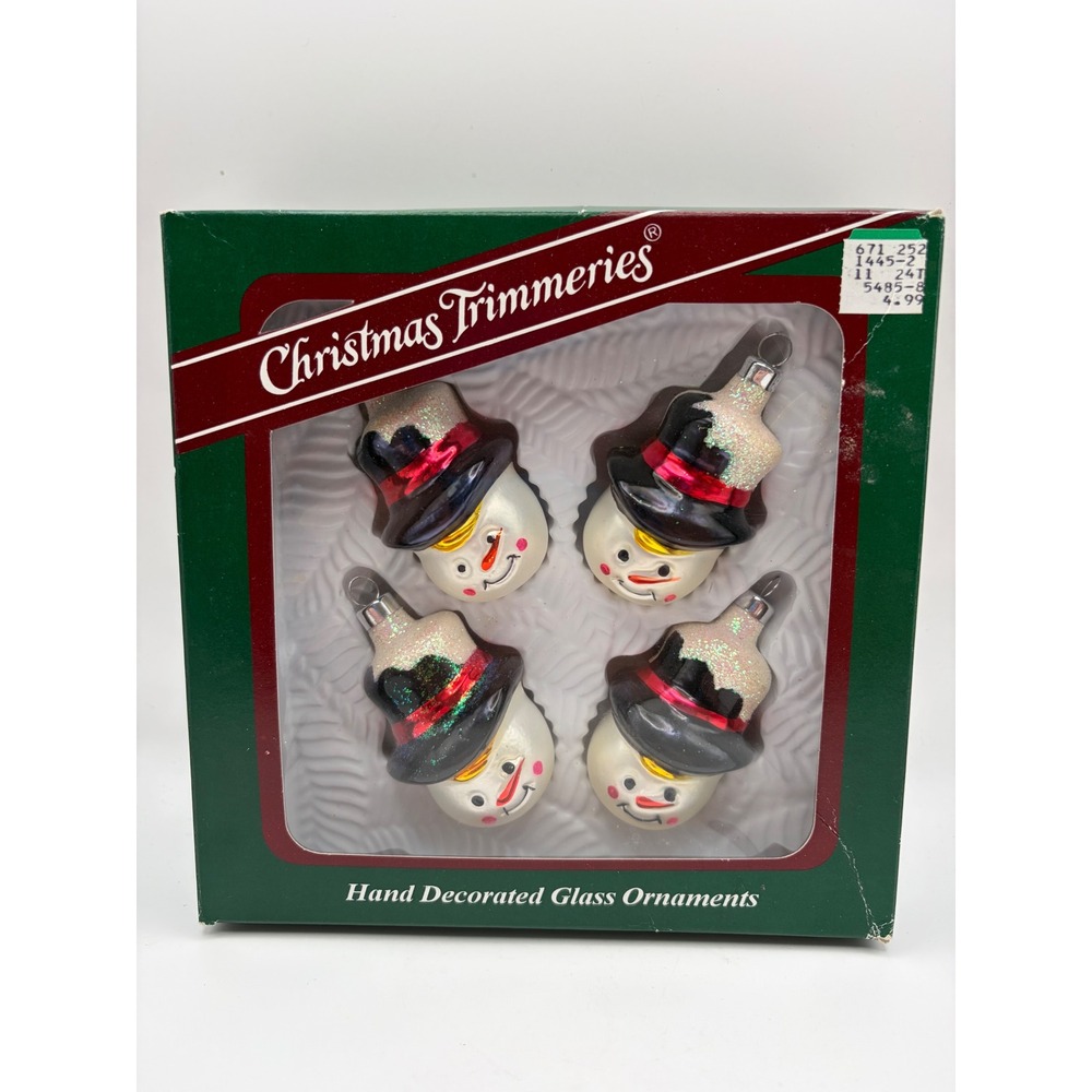 Vintage Christmas Trimmeries Frosted Glass Snowman Ornaments Bradford Boxed 80s
